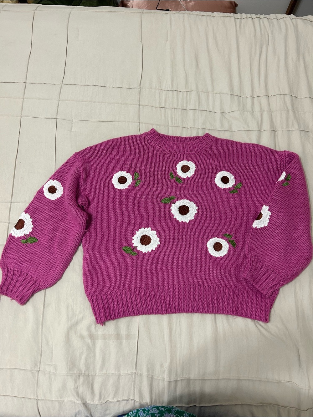 Forever 21 - Magenta/Purple Daisy Detail Crewneck 100% Acrylic Woven Sweater